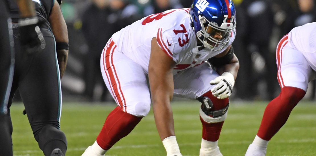 Jan 8, 2023; Philadelphia, Pennsylvania, USA; New York Giants offensive tackle Evan Neal (73) against the Philadelphia Eagles at Lincoln Financial Field. Mandatory Credit: Eric Hartline-USA TODAY Sports