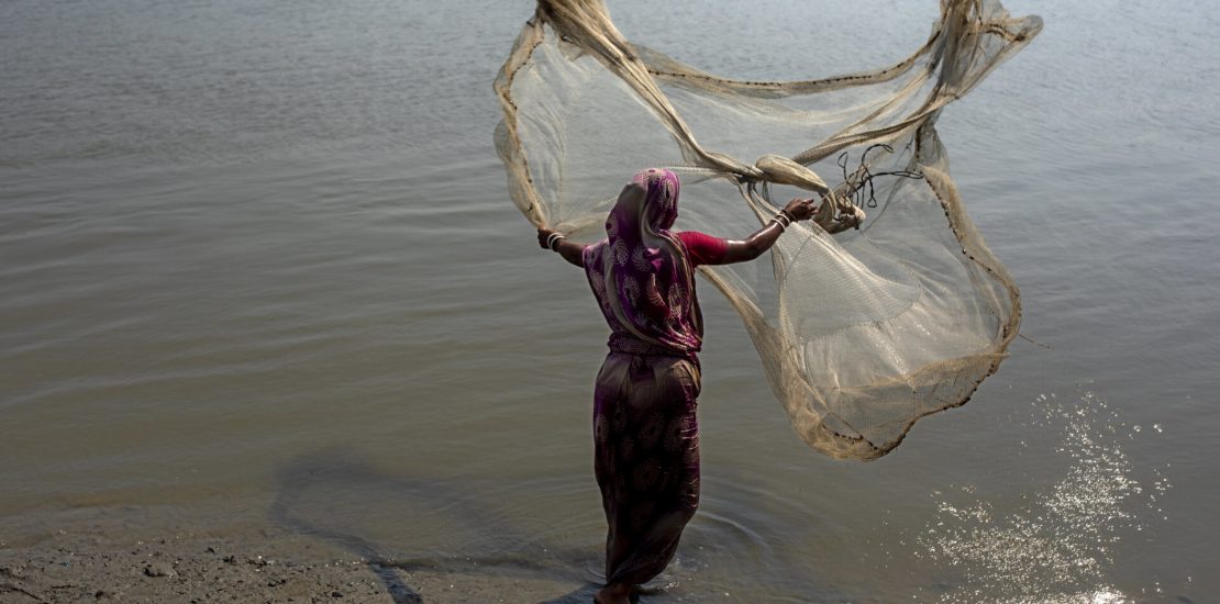 Woman catching fish, Bangladesh