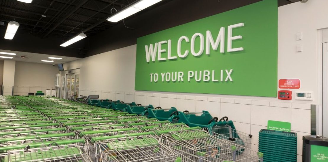 Interior shot of a Publix store, in the area where shopping carts are stored